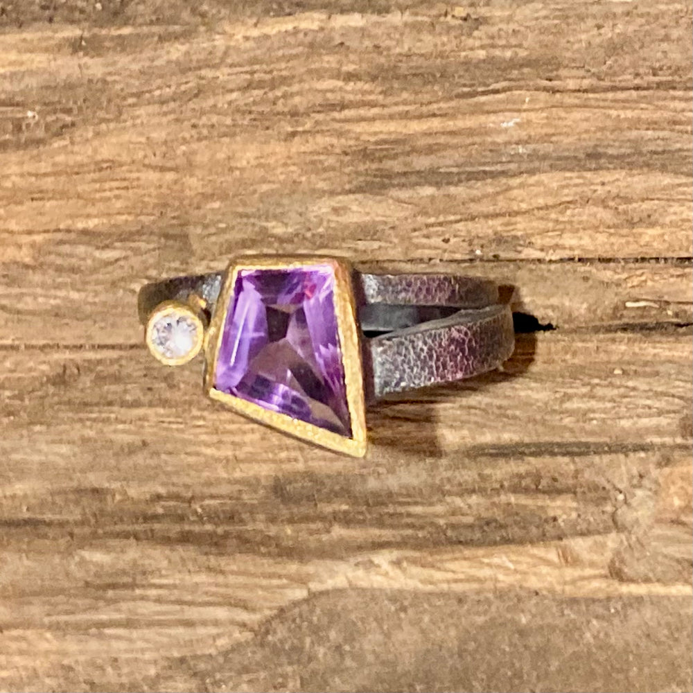 Geometric Amethyst and Diamond Oxidized Sterling Silver Ring