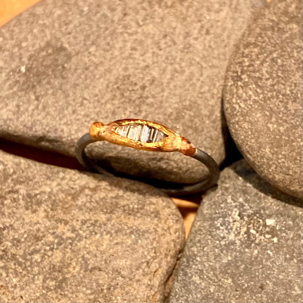 Amalgam Gold and Oxidized Sterling Silver Baguette Diamond Channel Ring