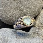 One of a Kind Faceted Blue Green Tourmaline with Salt and Pepper Diamond, 18K Gold River Pebbles Textured Oxidized Sterling Silver Stream Ring