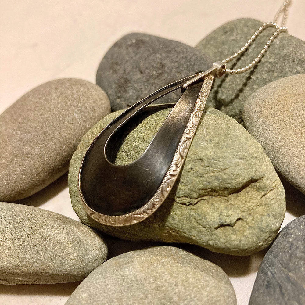 Steel and Sterling Silver Teardrop Pendant Necklace
