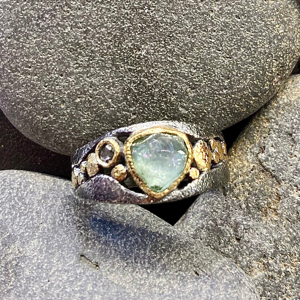 One of a Kind Faceted Blue Green Tourmaline with Salt and Pepper Diamond, 18K Gold River Pebbles Textured Oxidized Sterling Silver Stream Ring