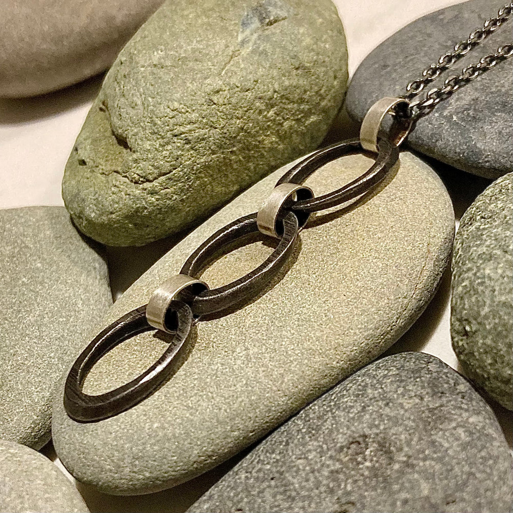 Steel and Sterling Silver Triple Slice Pendant Necklace