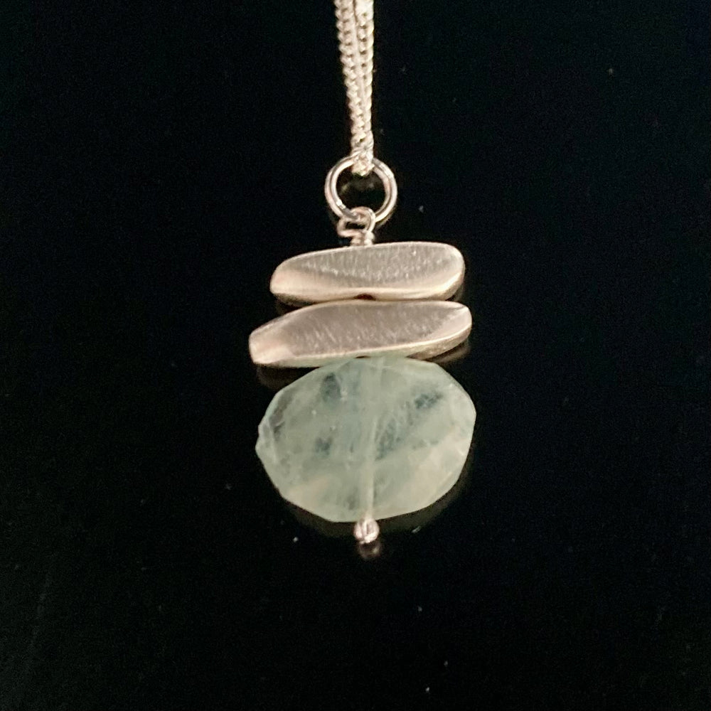 Brushed Sterling Silver Stone and Faceted Stone Pendant Necklace