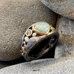 One of a Kind Faceted Blue Green Tourmaline with Salt and Pepper Diamond, 18K Gold River Pebbles Textured Oxidized Sterling Silver Stream Ring