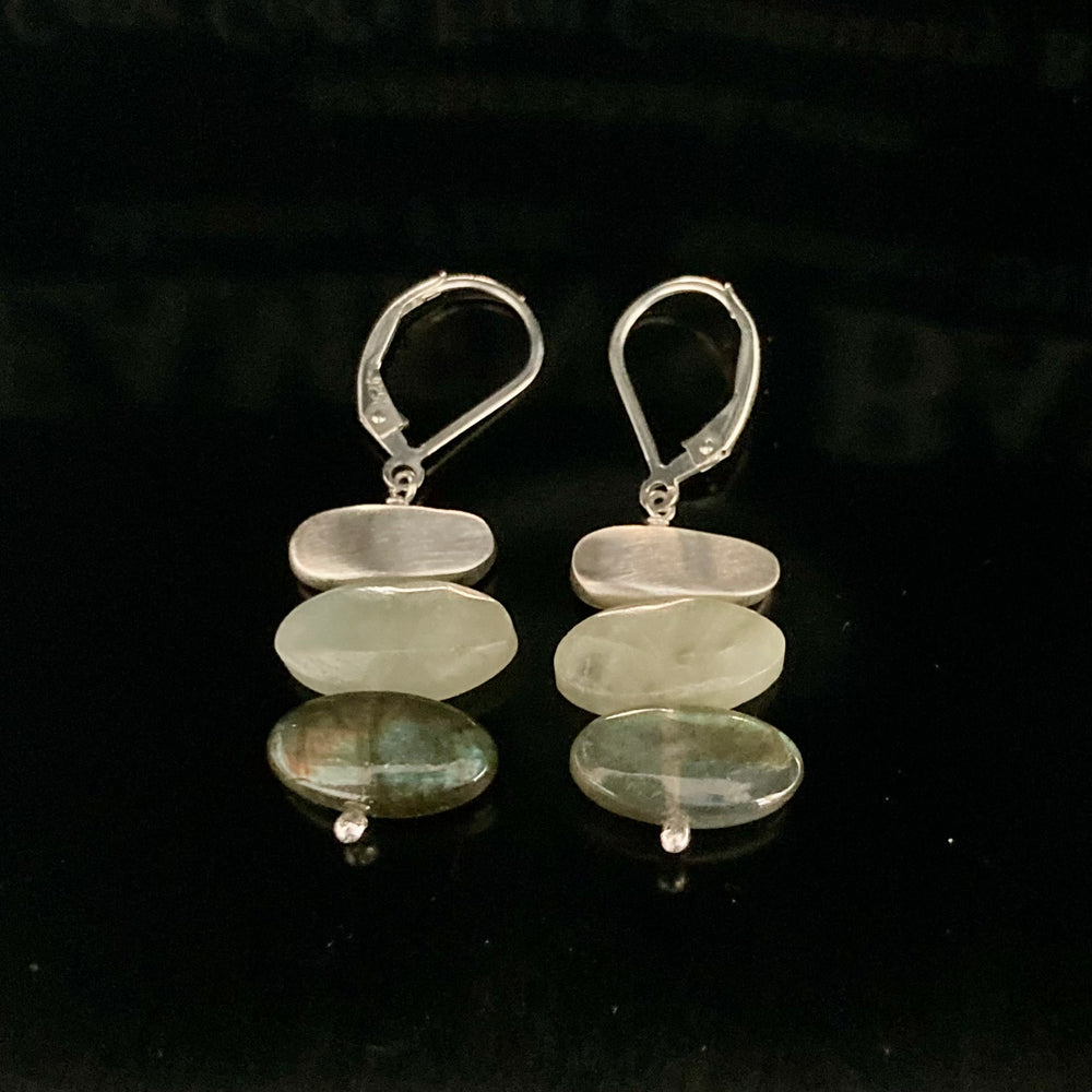Stacked Aquamarine, Labradorite and Brushed Sterling Silver Stone Earrings