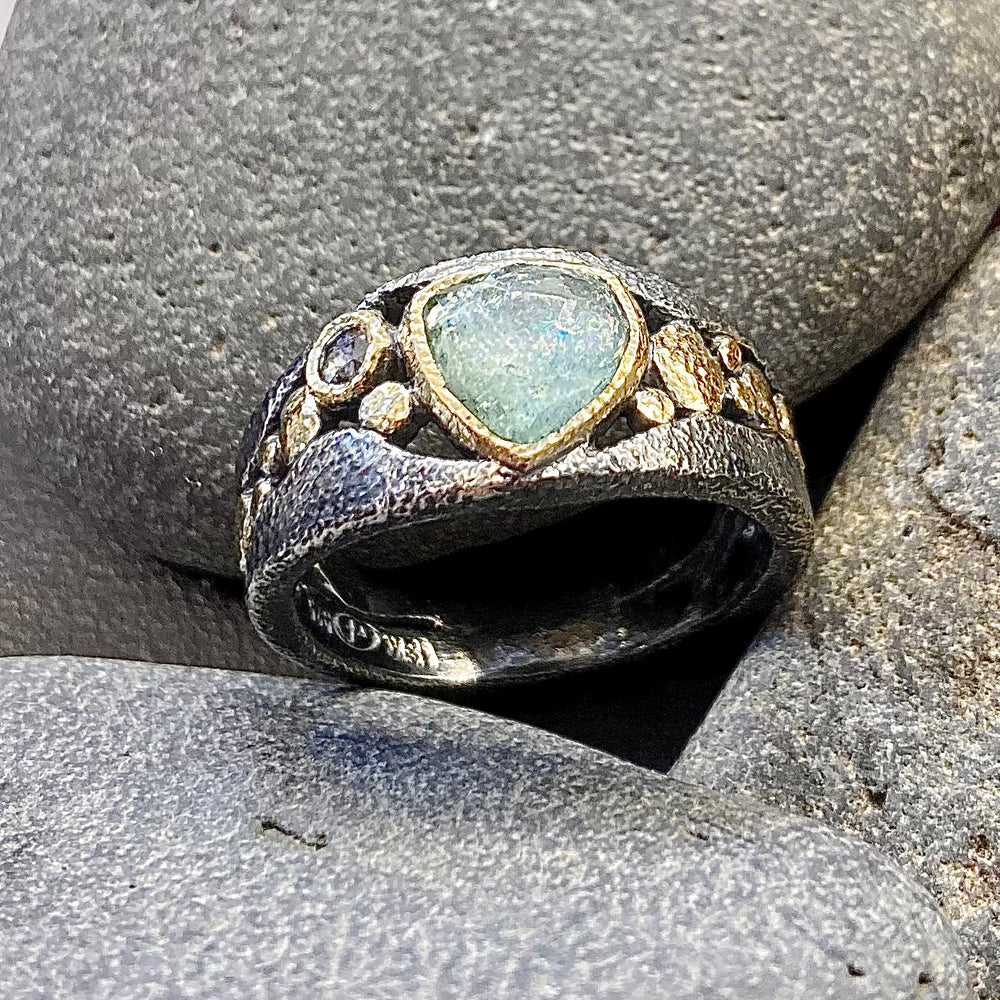 One of a Kind Faceted Blue Green Tourmaline with Salt and Pepper Diamond, 18K Gold River Pebbles Textured Oxidized Sterling Silver Stream Ring