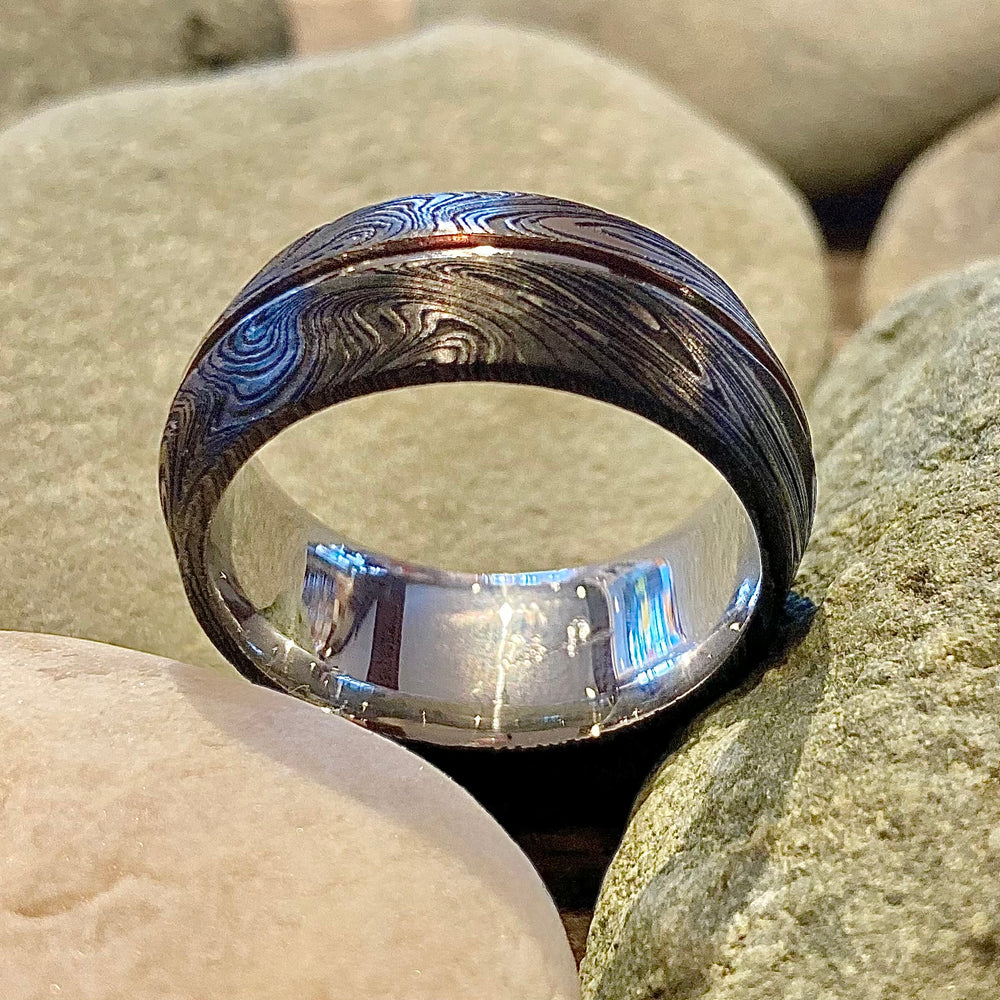 Oxidized Damascus Steel Vesuvius Ring with Palladium 500 Inlay