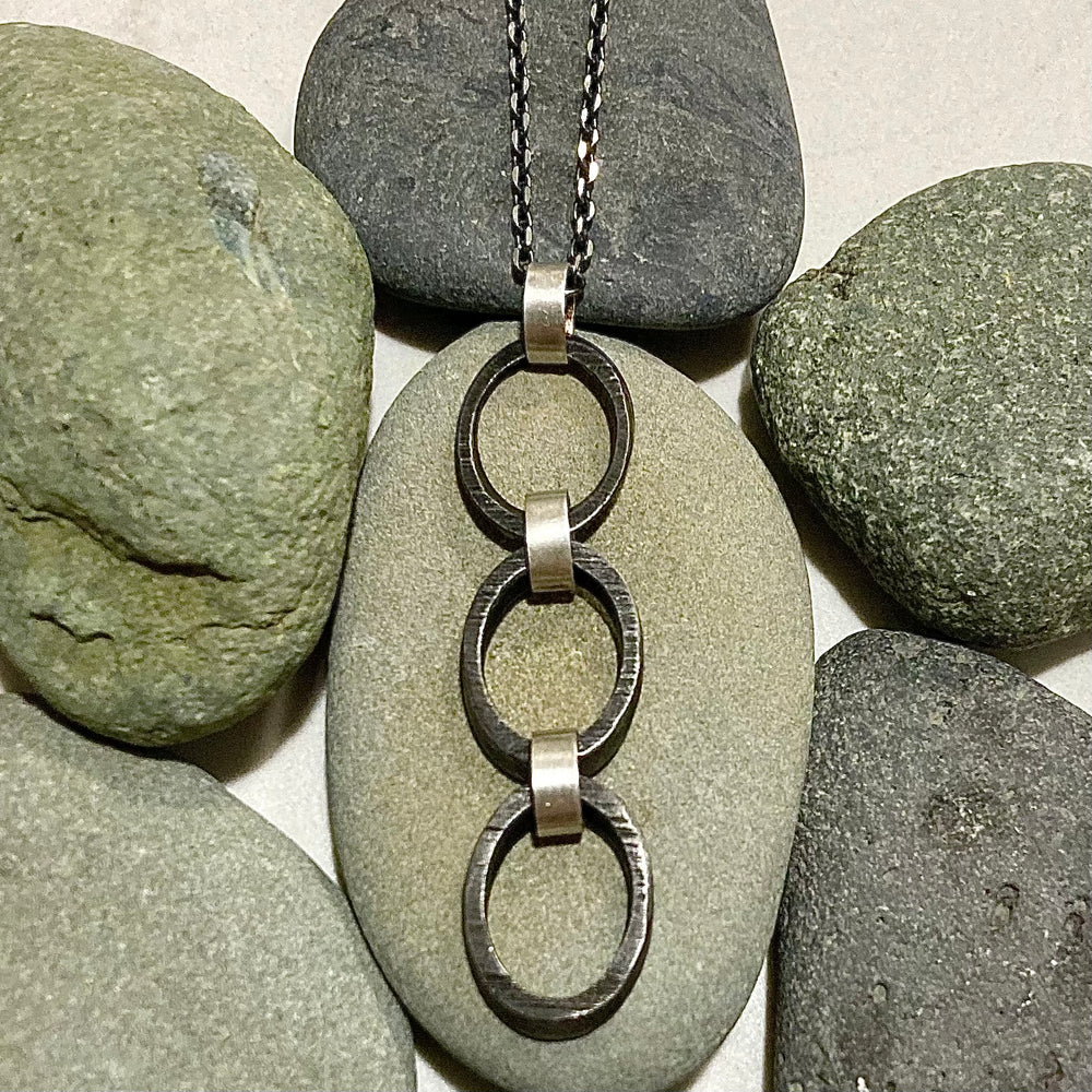 Steel and Sterling Silver Triple Slice Pendant Necklace