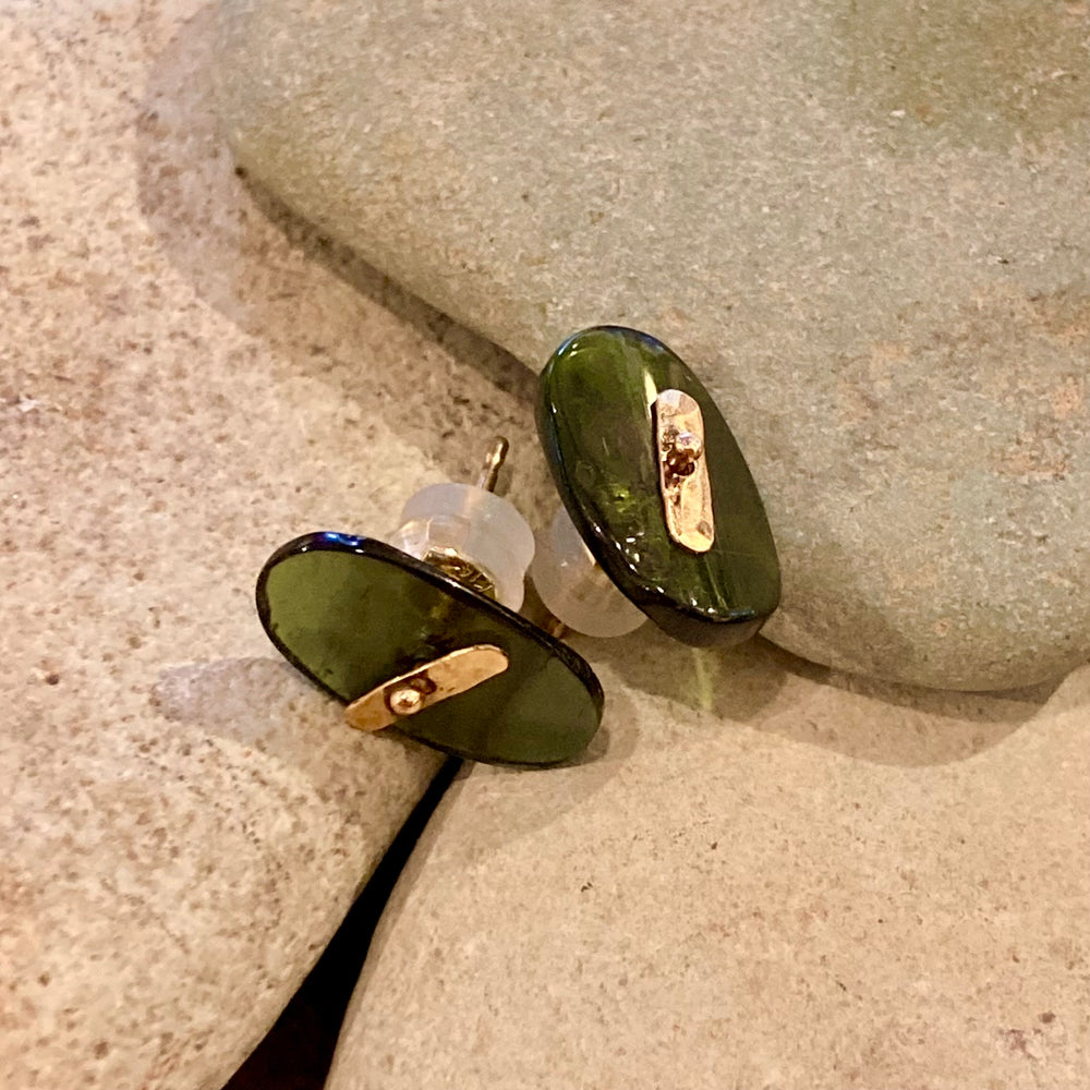 Oval Slice Tourmaline 14K Gold Post Earrings