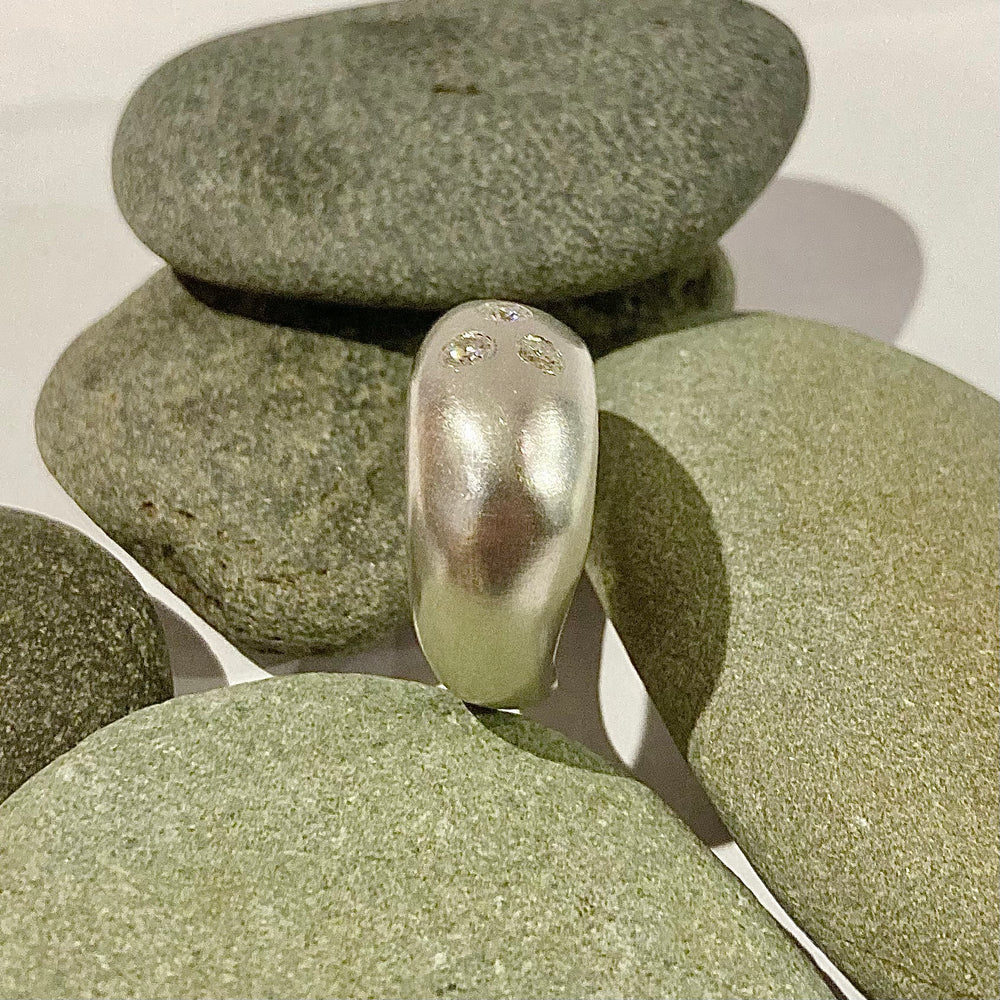 Sterling Silver Pebble Ring with Three Diamonds