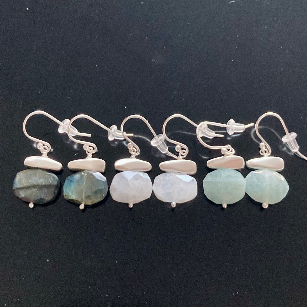 Brushed Sterling Silver Stone and Faceted Stone Earrings
