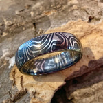 Woodgrain Darkened Damascus Steel Mokume Ring