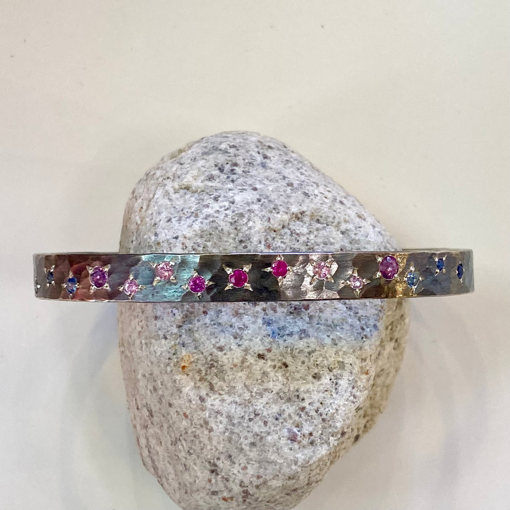 Hammered Oxidized Sterling Silver Cuff with Rubies and Sapphires