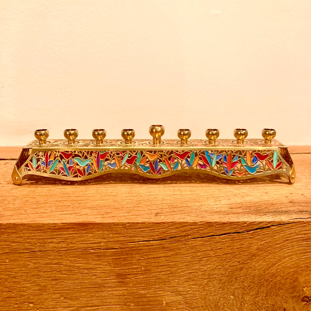 Birds and Leaves Brushed Brass Menorahs