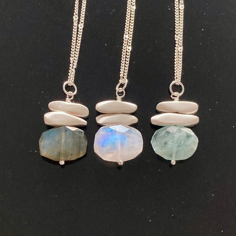 Brushed Sterling Silver Stone and Faceted Stone Pendant Necklace