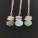 Brushed Sterling Silver Stone and Faceted Stone Pendant Necklace