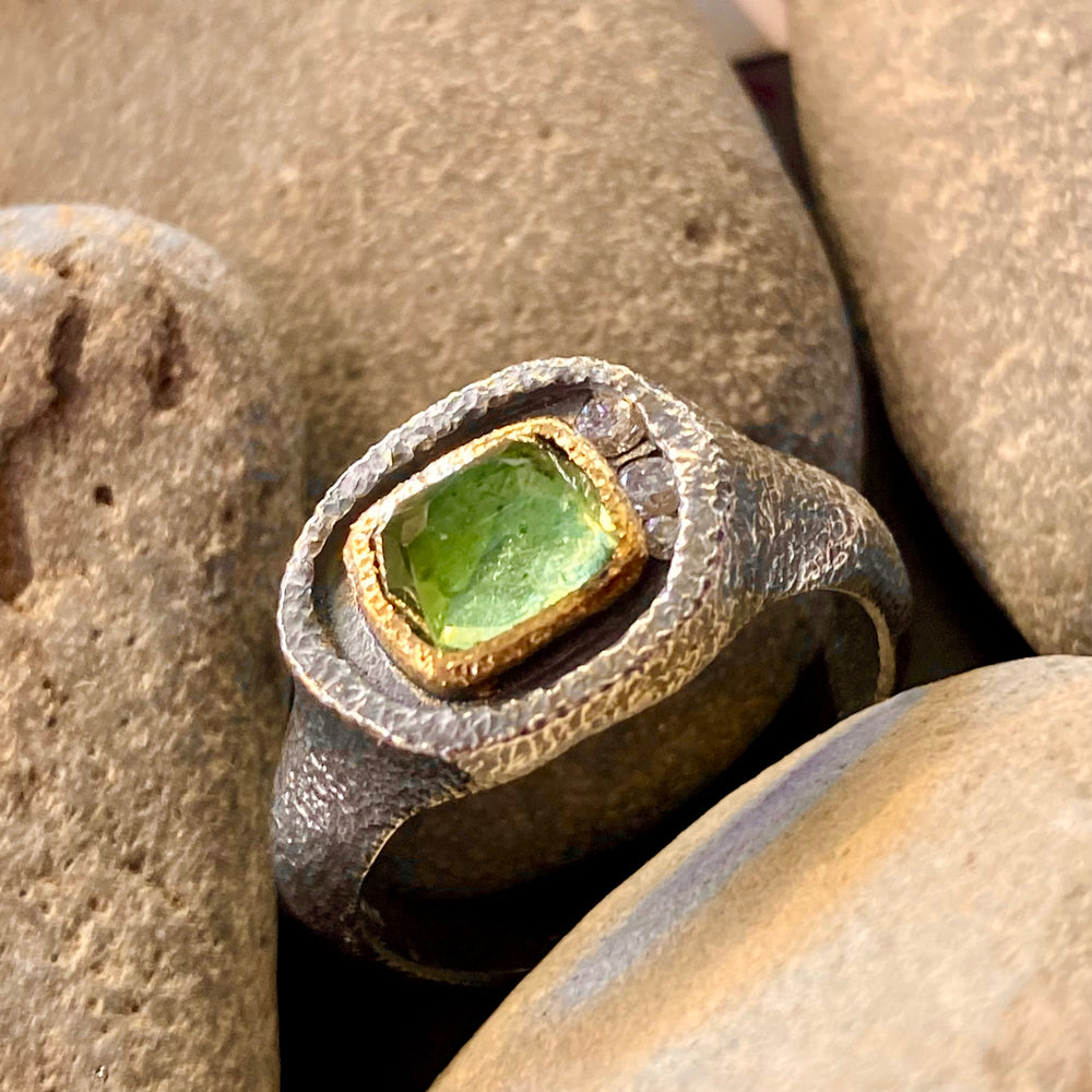 One of a Kind Glacier Lake Faceted Green Tourmaline with Diamonds 18K Gold Textured Oxidized Sterling Silver Signet Ring