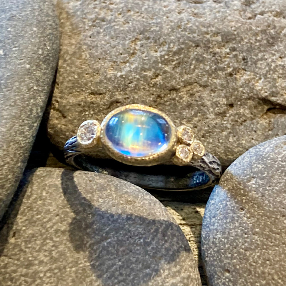 One of a Kind Rainbow Moonstone in 18K Gold Etched Sterling Silver Ring with Diamonds