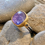 One of a Kind Faceted Tanzanite in 18K Gold Double Band Sterling Silver Ring with Black Diamonds