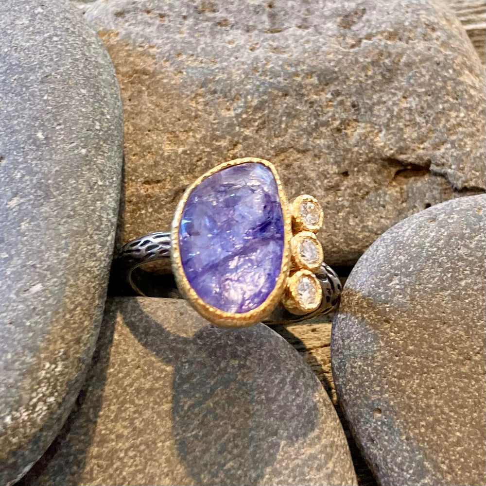 One of a Kind Faceted Tanzanite in 18K Gold Etched Sterling Silver Ring with Diamonds