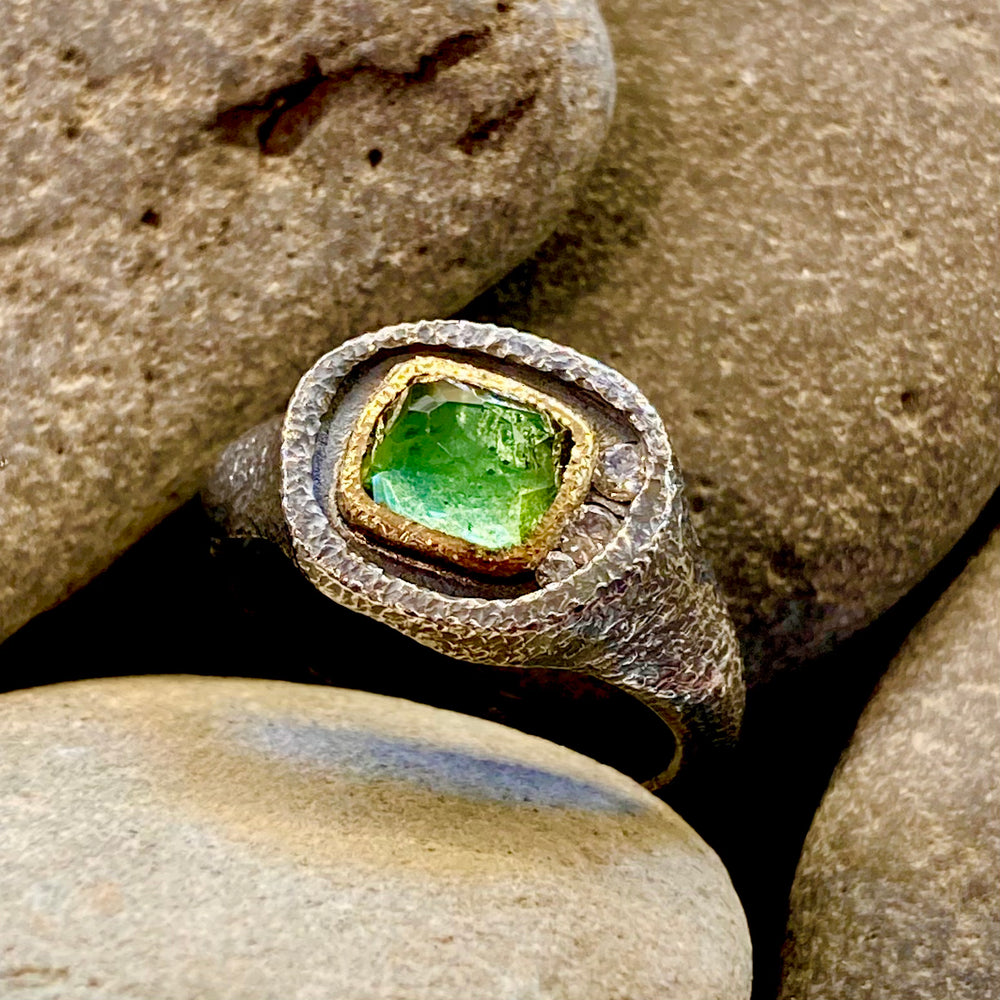One of a Kind Glacier Lake Faceted Green Tourmaline with Diamonds 18K Gold Textured Oxidized Sterling Silver Signet Ring