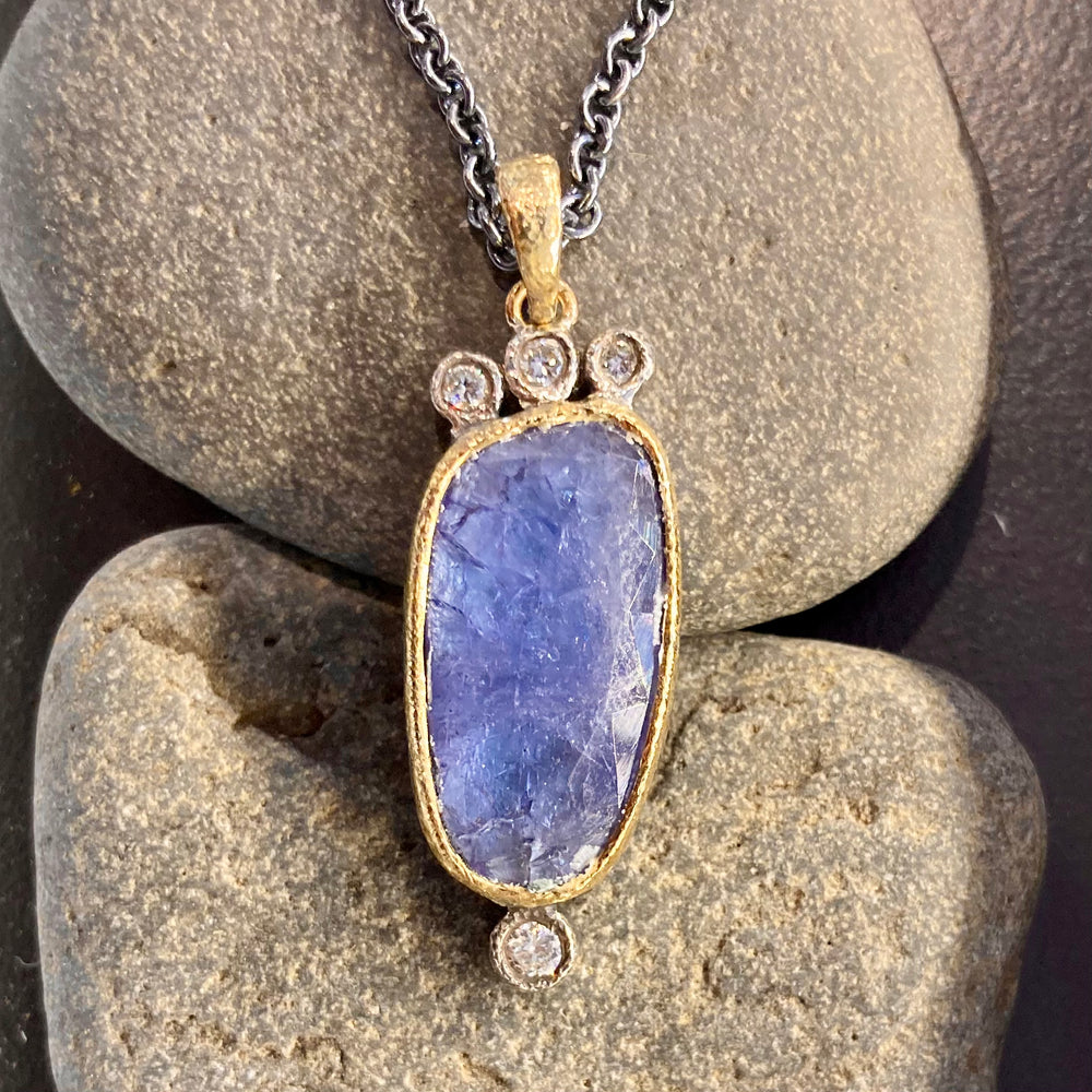 One of a Kind Faceted Tanzanite and Diamonds Pendant with 18K Gold