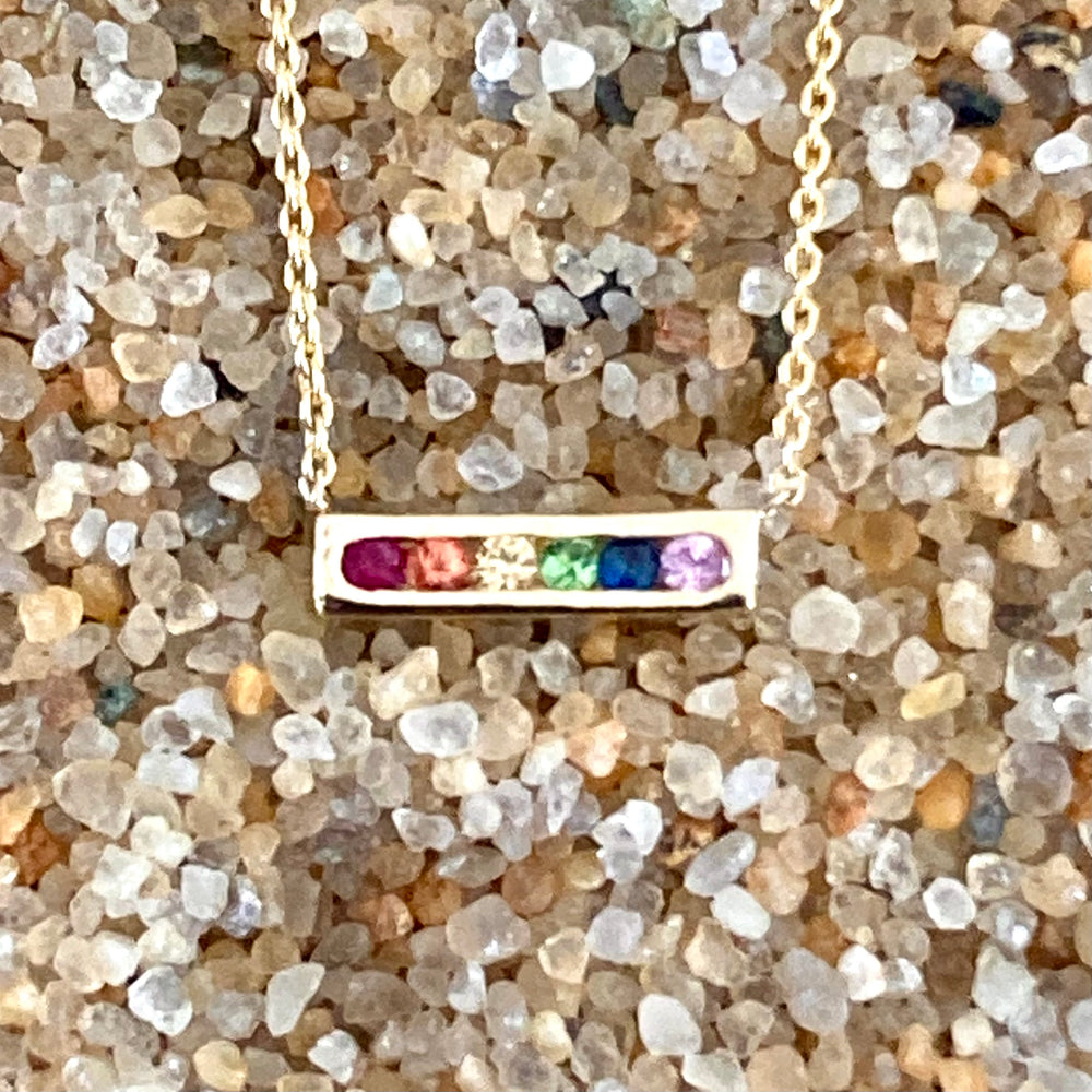 Rainbow 14K Gold Bar Pendant Necklace