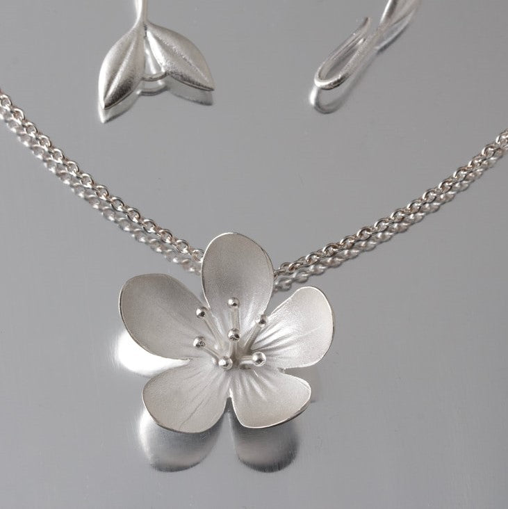 Large Apple Blossom Sterling Silver Pendant Necklace