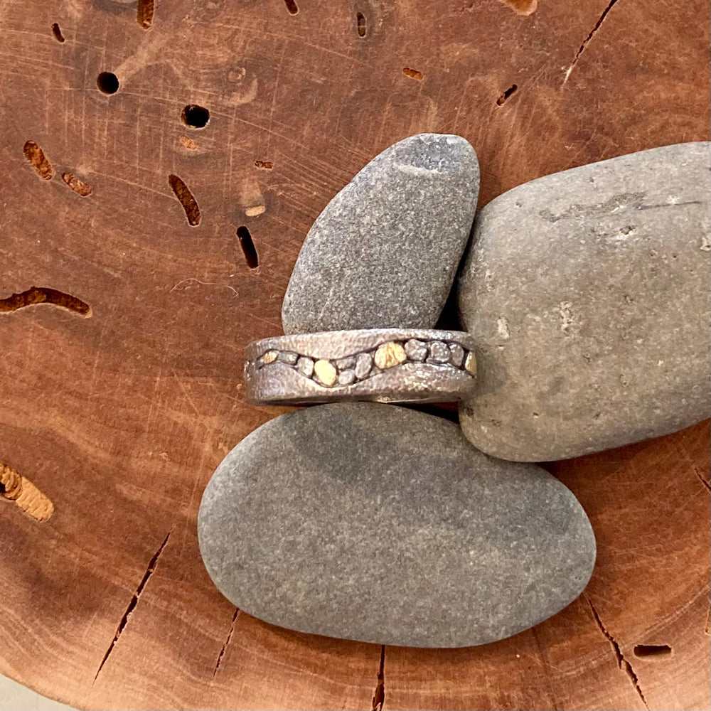 18K Gold and Sterling Silver River Pebbles Textured Oxidized Sterling Silver Stream Ring