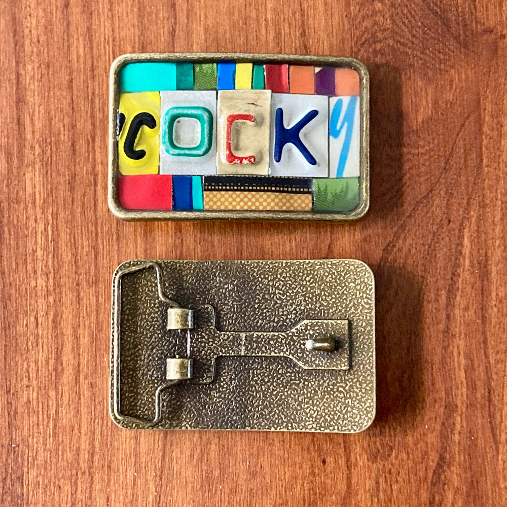 Cocky Upcycled License Plate Belt Buckle