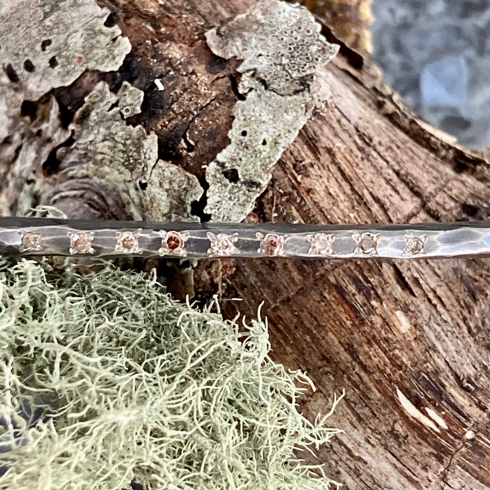 Hammered Oxidized Sterling Silver Crescent Cuff with Nine Variegated Diamonds