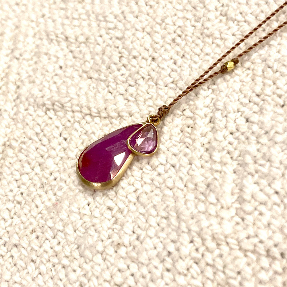 One of a Kind 14K Gold Framed Sapphires on Cord Necklace