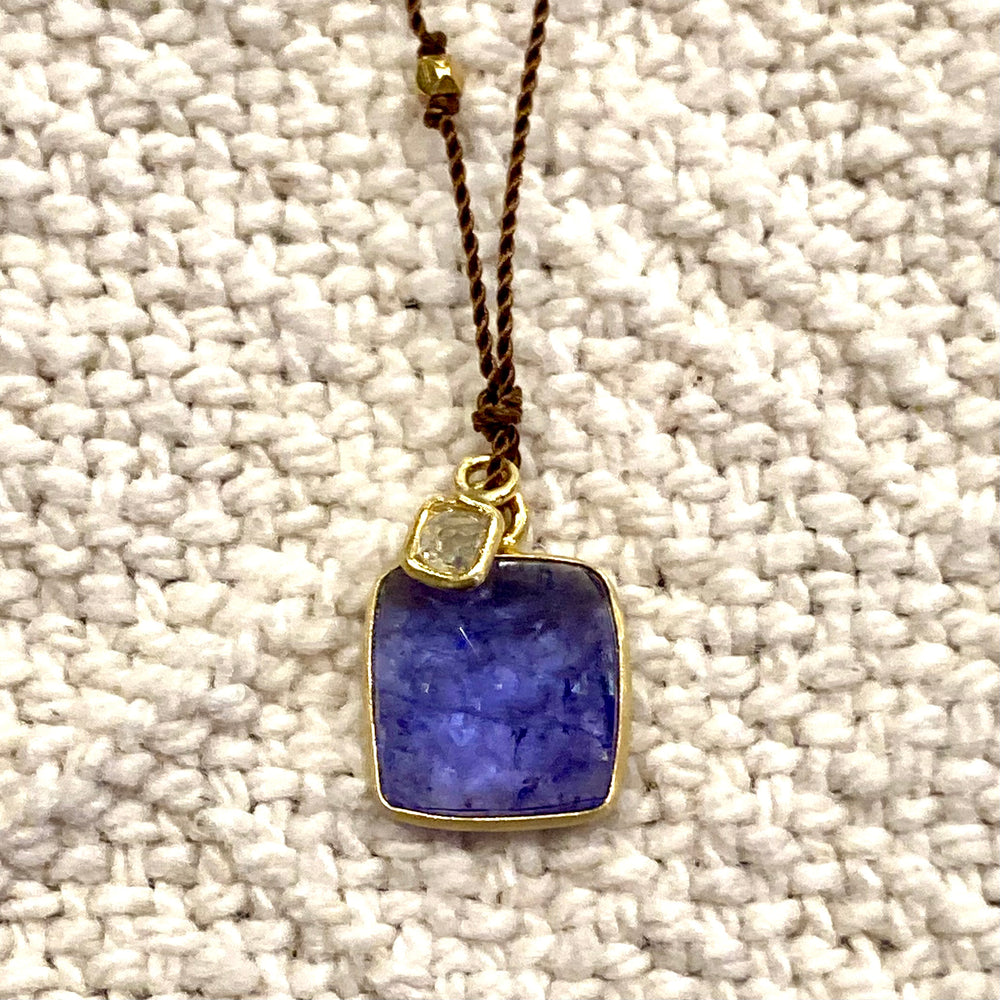 One of a Kind 14K Gold Framed Tanzanite with Diamond on Cord Necklace