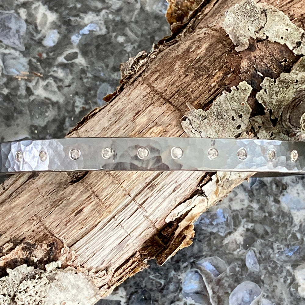 Hammered Oxidized Sterling Silver Cuff with Ten Diamonds