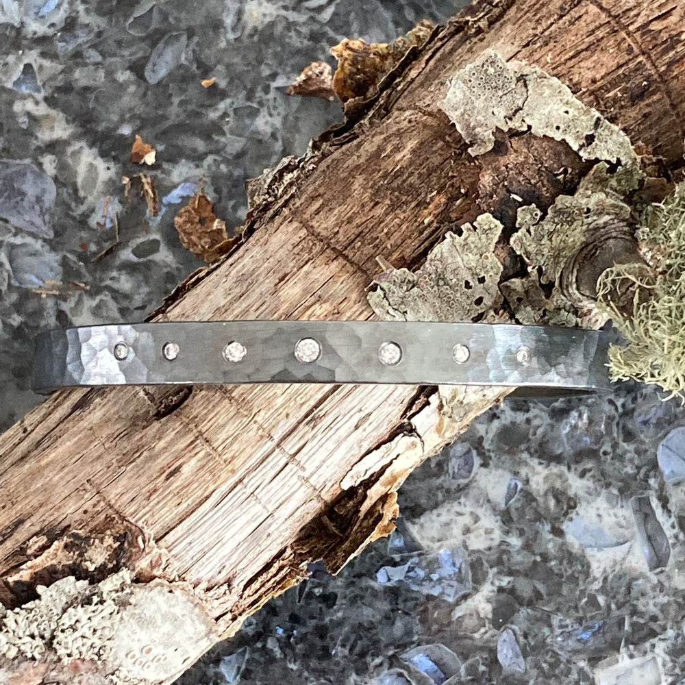 Hammered Oxidized Sterling Silver Cuff with Seven Graduated Diamonds