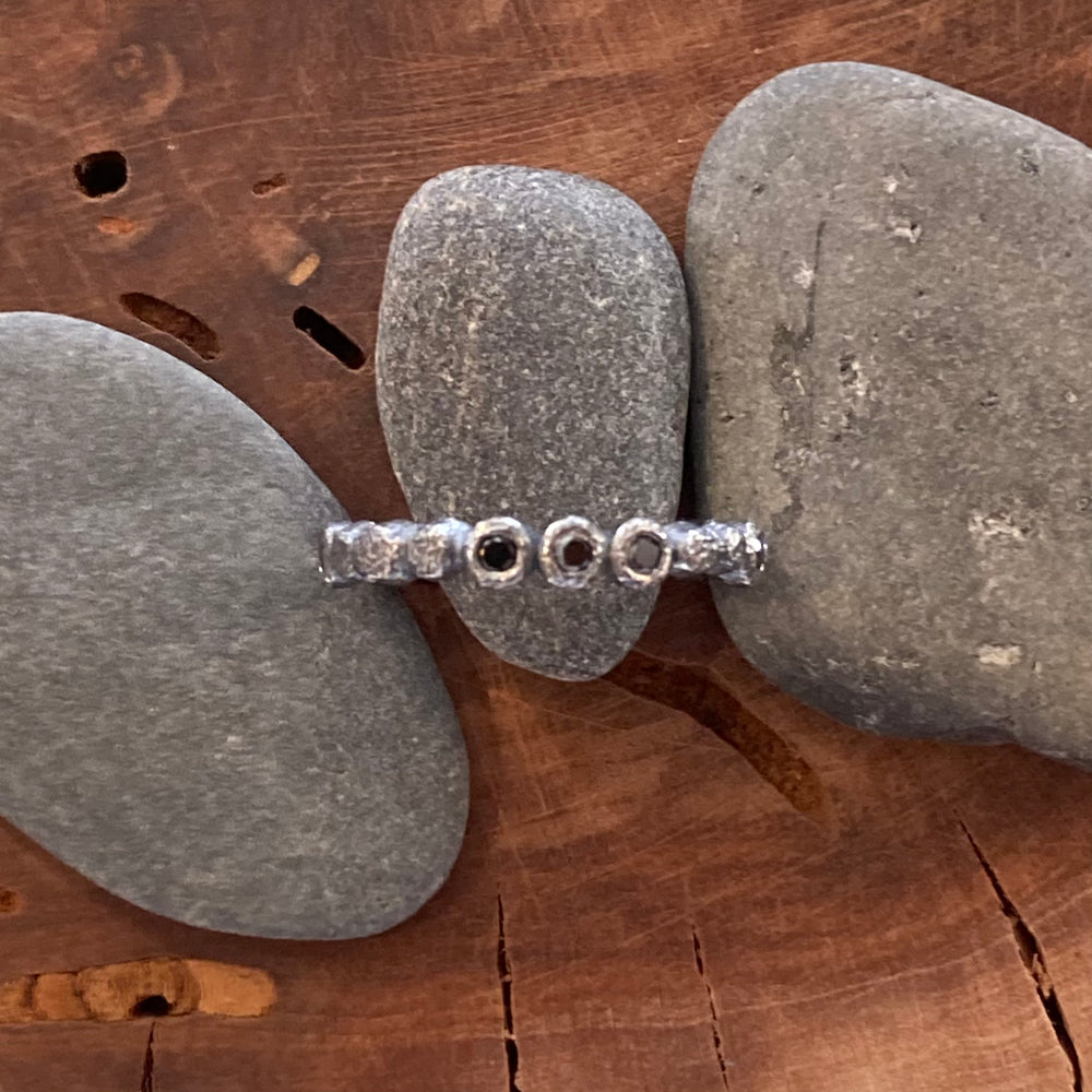 Black Diamonds Textured Sterling Silver Mini Pebbles Stacking Ring