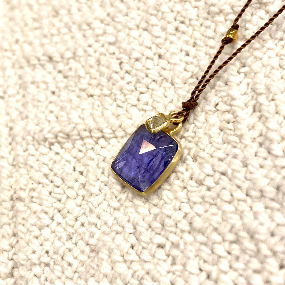 One of a Kind 14K Gold Framed Tanzanite with Diamond on Cord Necklace