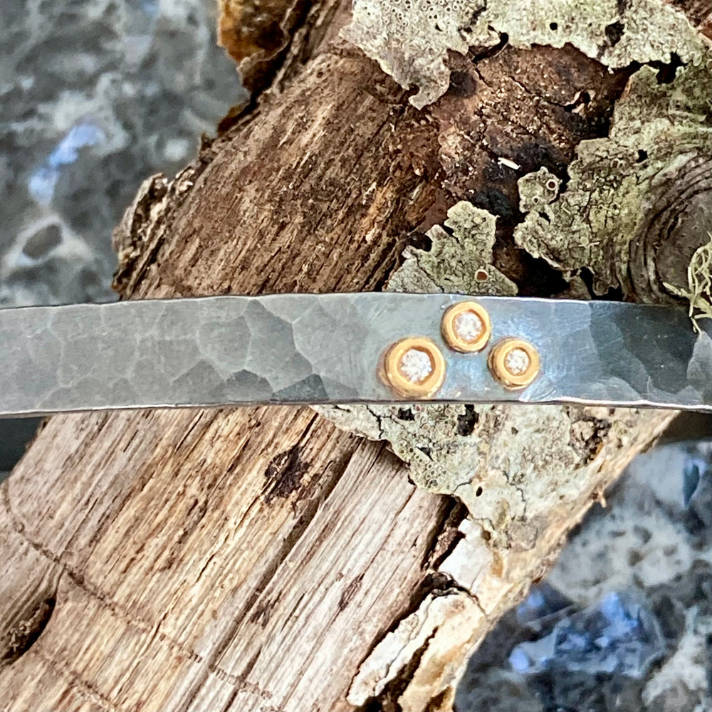 Hammered Oxidized Sterling Silver Cuff with Three Diamonds set in 22K Gold